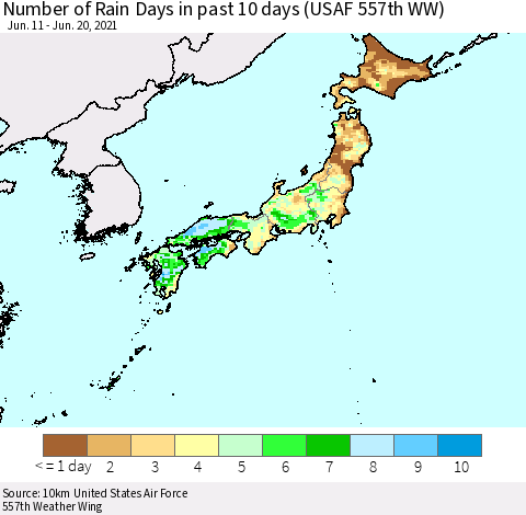 Japan Number of Rain Days in past 10 days (USAF 557th WW) Thematic Map For 6/16/2021 - 6/20/2021