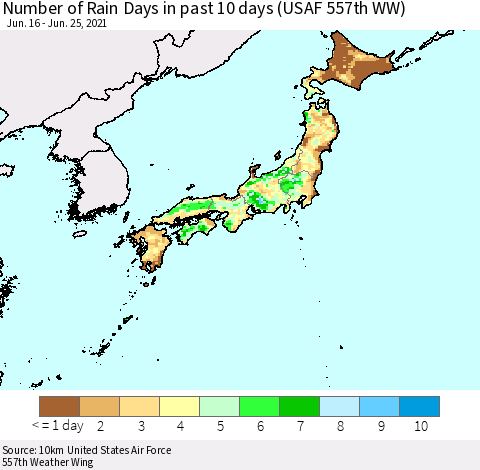 Japan Number of Rain Days in past 10 days (USAF 557th WW) Thematic Map For 6/21/2021 - 6/25/2021