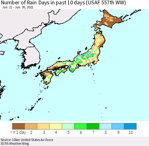 Japan Number of Rain Days in past 10 days (USAF 557th WW) Thematic Map For 6/26/2021 - 6/30/2021