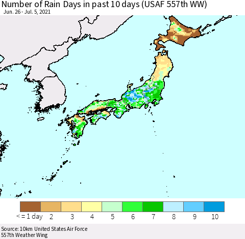 Japan Number of Rain Days in past 10 days (USAF 557th WW) Thematic Map For 7/1/2021 - 7/5/2021