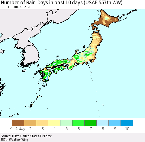 Japan Number of Rain Days in past 10 days (USAF 557th WW) Thematic Map For 7/16/2021 - 7/20/2021