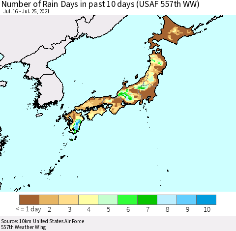 Japan Number of Rain Days in past 10 days (USAF 557th WW) Thematic Map For 7/21/2021 - 7/25/2021