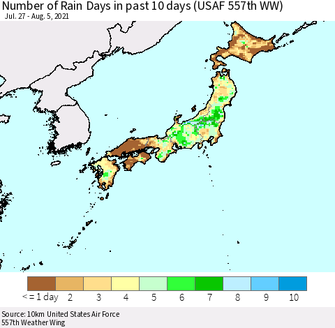 Japan Number of Rain Days in past 10 days (USAF 557th WW) Thematic Map For 8/1/2021 - 8/5/2021