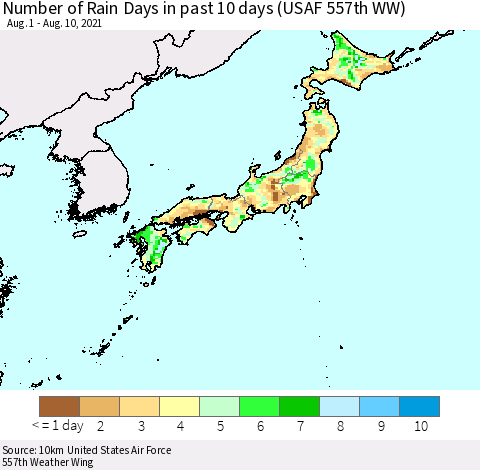 Japan Number of Rain Days in past 10 days (USAF 557th WW) Thematic Map For 8/6/2021 - 8/10/2021