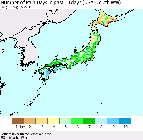 Japan Number of Rain Days in past 10 days (USAF 557th WW) Thematic Map For 8/11/2021 - 8/15/2021
