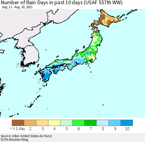Japan Number of Rain Days in past 10 days (USAF 557th WW) Thematic Map For 8/16/2021 - 8/20/2021