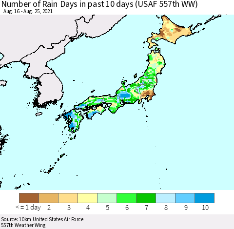 Japan Number of Rain Days in past 10 days (USAF 557th WW) Thematic Map For 8/21/2021 - 8/25/2021