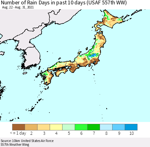 Japan Number of Rain Days in past 10 days (USAF 557th WW) Thematic Map For 8/26/2021 - 8/31/2021