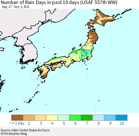 Japan Number of Rain Days in past 10 days (USAF 557th WW) Thematic Map For 9/1/2021 - 9/5/2021