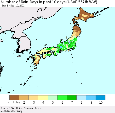 Japan Number of Rain Days in past 10 days (USAF 557th WW) Thematic Map For 9/6/2021 - 9/10/2021