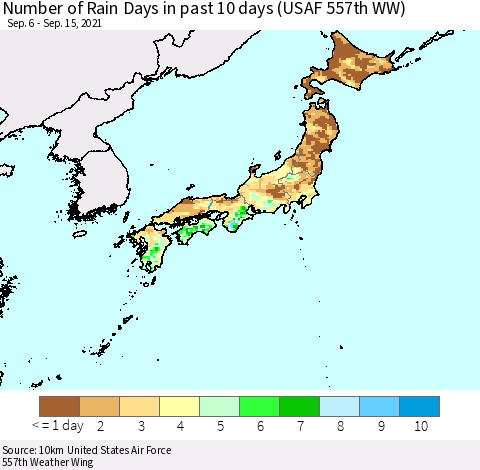 Japan Number of Rain Days in past 10 days (USAF 557th WW) Thematic Map For 9/11/2021 - 9/15/2021