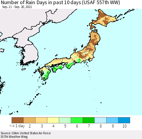 Japan Number of Rain Days in past 10 days (USAF 557th WW) Thematic Map For 9/16/2021 - 9/20/2021