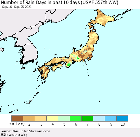 Japan Number of Rain Days in past 10 days (USAF 557th WW) Thematic Map For 9/21/2021 - 9/25/2021