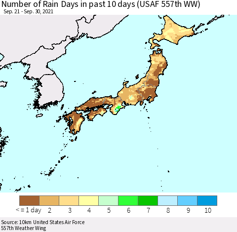 Japan Number of Rain Days in past 10 days (USAF 557th WW) Thematic Map For 9/26/2021 - 9/30/2021