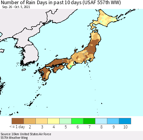 Japan Number of Rain Days in past 10 days (USAF 557th WW) Thematic Map For 10/1/2021 - 10/5/2021