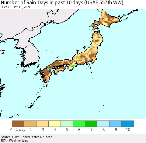 Japan Number of Rain Days in past 10 days (USAF 557th WW) Thematic Map For 10/11/2021 - 10/15/2021