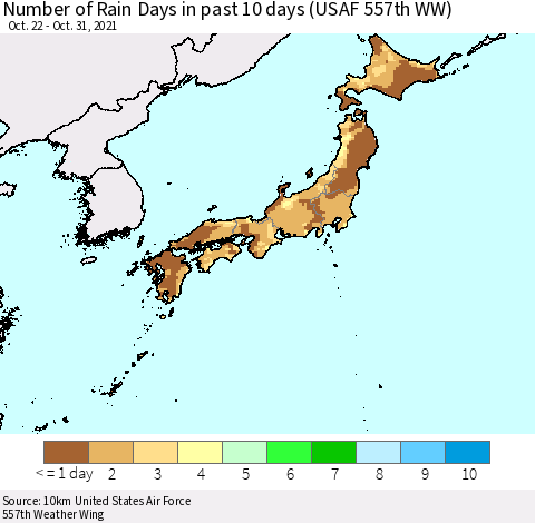 Japan Number of Rain Days in past 10 days (USAF 557th WW) Thematic Map For 10/26/2021 - 10/31/2021