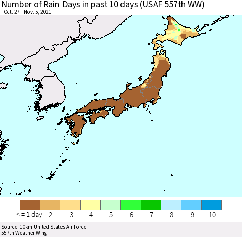 Japan Number of Rain Days in past 10 days (USAF 557th WW) Thematic Map For 11/1/2021 - 11/5/2021