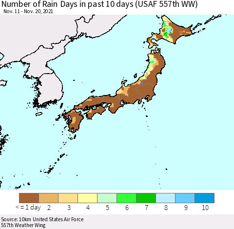 Japan Number of Rain Days in past 10 days (USAF 557th WW) Thematic Map For 11/16/2021 - 11/20/2021