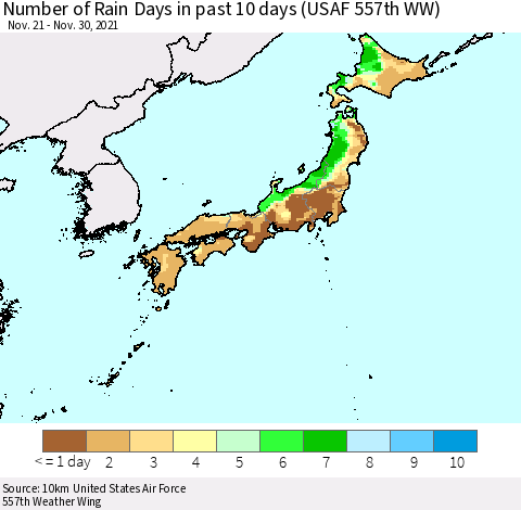 Japan Number of Rain Days in past 10 days (USAF 557th WW) Thematic Map For 11/26/2021 - 11/30/2021