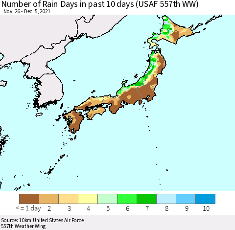 Japan Number of Rain Days in past 10 days (USAF 557th WW) Thematic Map For 12/1/2021 - 12/5/2021