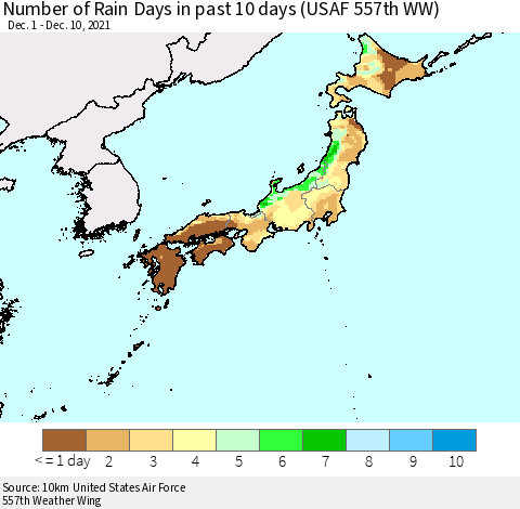 Japan Number of Rain Days in past 10 days (USAF 557th WW) Thematic Map For 12/6/2021 - 12/10/2021