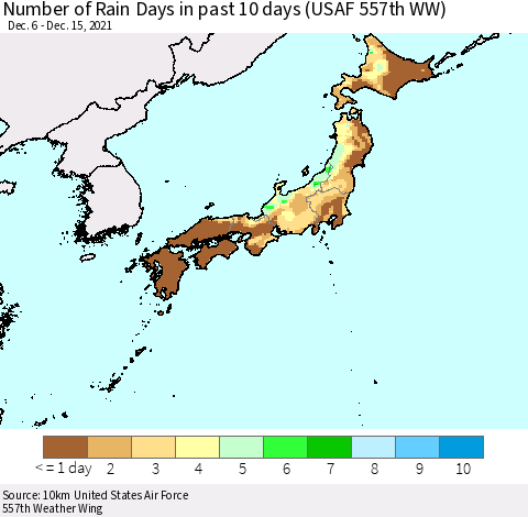 Japan Number of Rain Days in past 10 days (USAF 557th WW) Thematic Map For 12/11/2021 - 12/15/2021