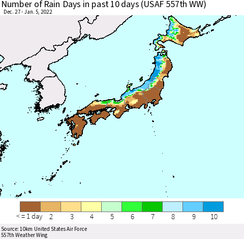 Japan Number of Rain Days in past 10 days (USAF 557th WW) Thematic Map For 1/1/2022 - 1/5/2022