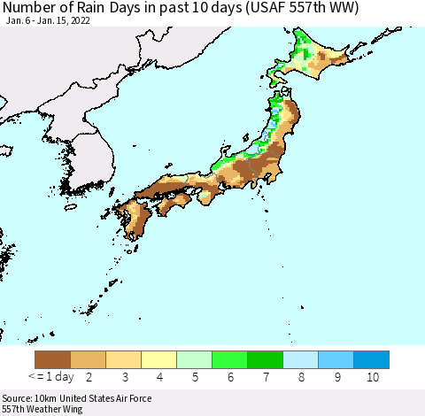 Japan Number of Rain Days in past 10 days (USAF 557th WW) Thematic Map For 1/11/2022 - 1/15/2022