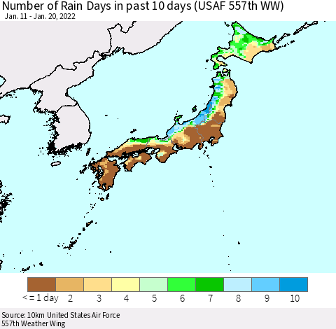 Japan Number of Rain Days in past 10 days (USAF 557th WW) Thematic Map For 1/16/2022 - 1/20/2022