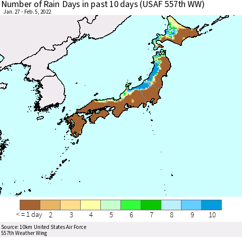 Japan Number of Rain Days in past 10 days (USAF 557th WW) Thematic Map For 2/1/2022 - 2/5/2022