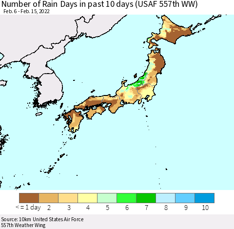 Japan Number of Rain Days in past 10 days (USAF 557th WW) Thematic Map For 2/11/2022 - 2/15/2022