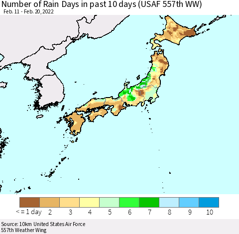 Japan Number of Rain Days in past 10 days (USAF 557th WW) Thematic Map For 2/16/2022 - 2/20/2022