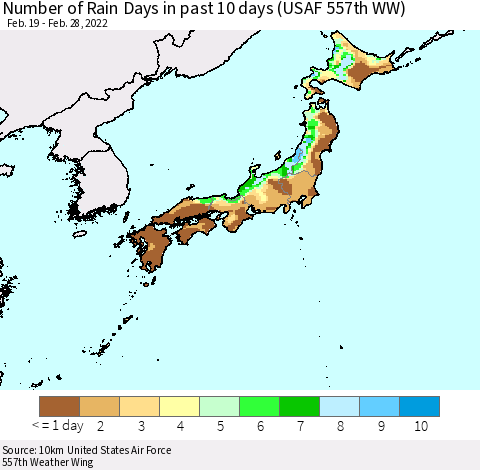 Japan Number of Rain Days in past 10 days (USAF 557th WW) Thematic Map For 2/26/2022 - 2/28/2022