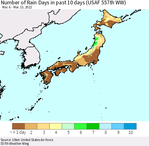 Japan Number of Rain Days in past 10 days (USAF 557th WW) Thematic Map For 3/11/2022 - 3/15/2022