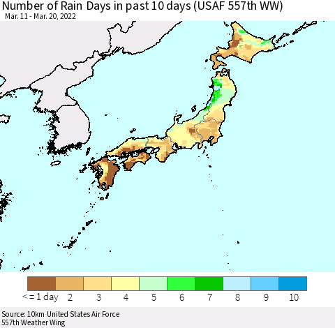 Japan Number of Rain Days in past 10 days (USAF 557th WW) Thematic Map For 3/16/2022 - 3/20/2022