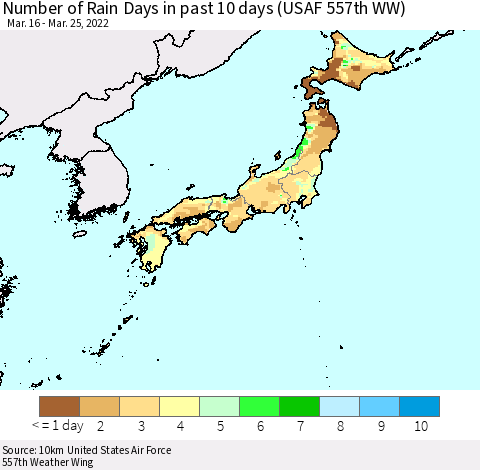 Japan Number of Rain Days in past 10 days (USAF 557th WW) Thematic Map For 3/21/2022 - 3/25/2022