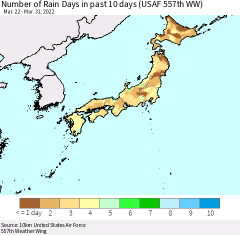 Japan Number of Rain Days in past 10 days (USAF 557th WW) Thematic Map For 3/26/2022 - 3/31/2022