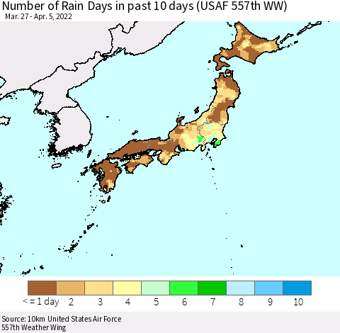 Japan Number of Rain Days in past 10 days (USAF 557th WW) Thematic Map For 4/1/2022 - 4/5/2022