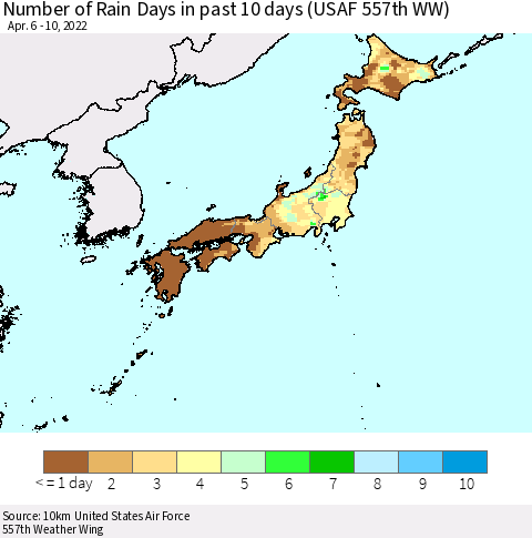 Japan Number of Rain Days in past 10 days (USAF 557th WW) Thematic Map For 4/6/2022 - 4/10/2022