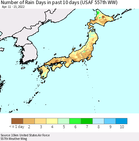 Japan Number of Rain Days in past 10 days (USAF 557th WW) Thematic Map For 4/11/2022 - 4/15/2022