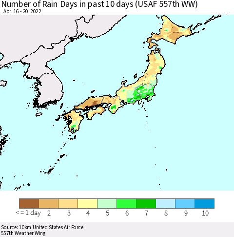 Japan Number of Rain Days in past 10 days (USAF 557th WW) Thematic Map For 4/16/2022 - 4/20/2022