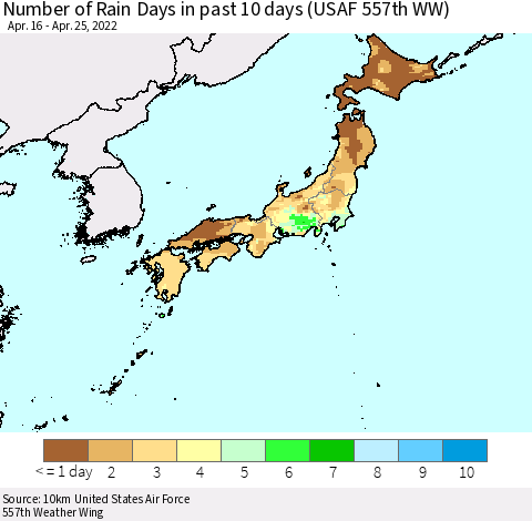 Japan Number of Rain Days in past 10 days (USAF 557th WW) Thematic Map For 4/21/2022 - 4/25/2022