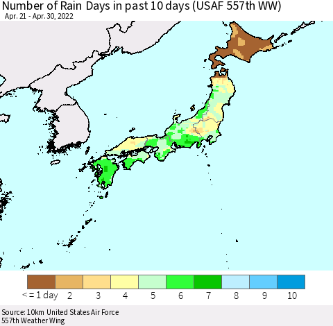 Japan Number of Rain Days in past 10 days (USAF 557th WW) Thematic Map For 4/26/2022 - 4/30/2022