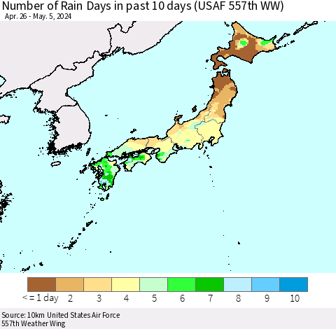 Japan Number of Rain Days in past 10 days (USAF 557th WW) Thematic Map For 5/1/2024 - 5/5/2024