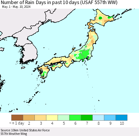 Japan Number of Rain Days in past 10 days (USAF 557th WW) Thematic Map For 5/6/2024 - 5/10/2024