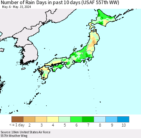 Japan Number of Rain Days in past 10 days (USAF 557th WW) Thematic Map For 5/11/2024 - 5/15/2024