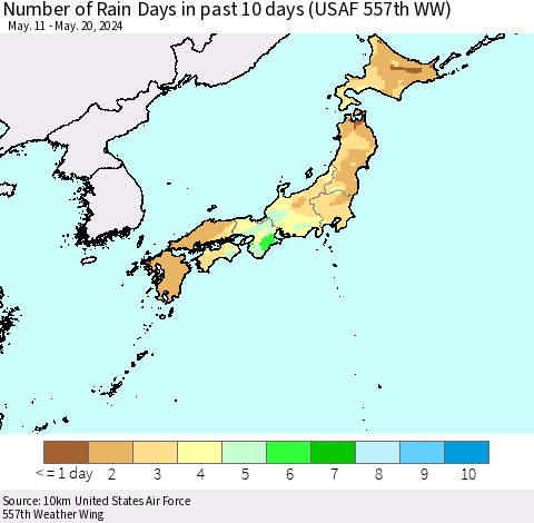 Japan Number of Rain Days in past 10 days (USAF 557th WW) Thematic Map For 5/16/2024 - 5/20/2024