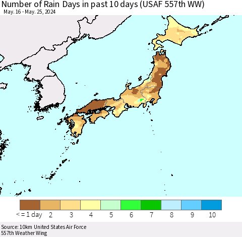 Japan Number of Rain Days in past 10 days (USAF 557th WW) Thematic Map For 5/21/2024 - 5/25/2024