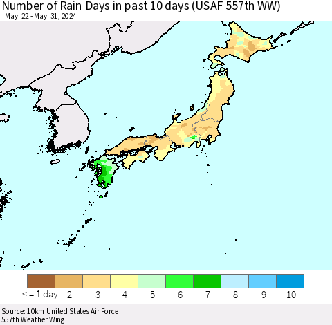 Japan Number of Rain Days in past 10 days (USAF 557th WW) Thematic Map For 5/26/2024 - 5/31/2024
